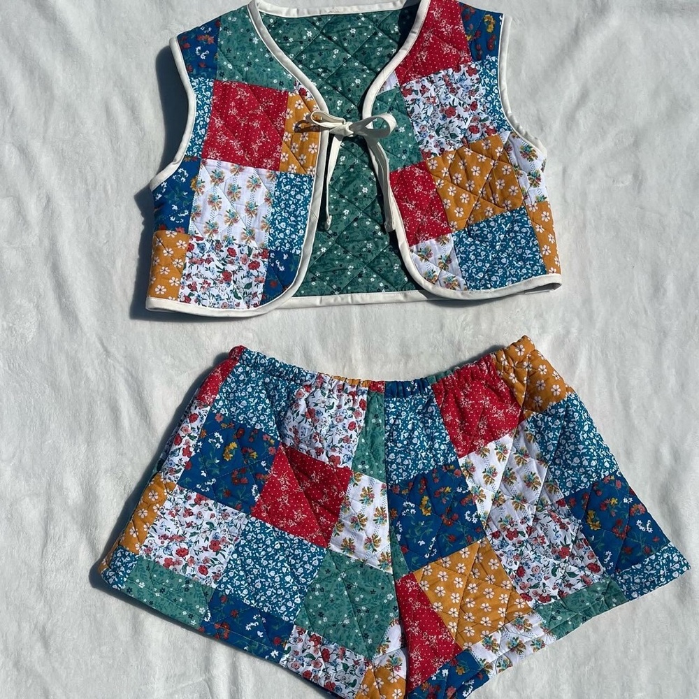 Vintage reworked/upcyled handmade quilted vest and shorts set